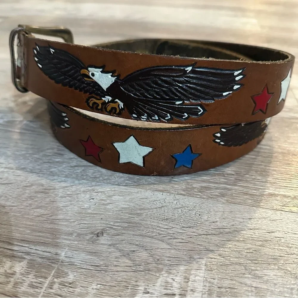 Genuine Full Grain Leather Belt Size 36 Hand Painted Eagle Patriotic Stars Brown